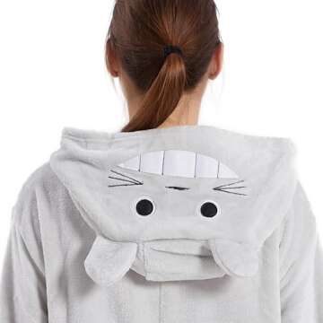 U-ParBoo Adult Totoro Costume, Onesie Adult Onesie Pajamas Flannel Animal Cartoon Cosplay Halloween Sleepwear Jumpsuit Gray XL