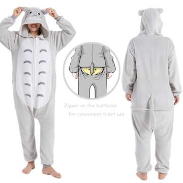 U-ParBoo Adult Totoro Costume, Onesie Adult Onesie Pajamas Flannel Animal Cartoon Cosplay Halloween Sleepwear Jumpsuit Gray XL