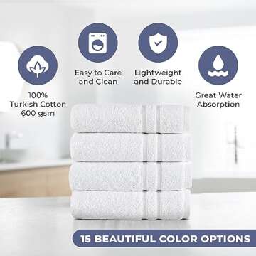 Hawmam Linen White Hand Towels for Bathroom, Set of 4, 16x29 Inch, Premium Turkish Cotton, Highly Absorbent Hotel Collection, Blissful Luxury Spa Feel, White Towels