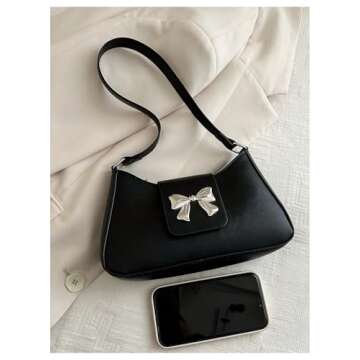 Floerns Women's Y2k Bow Decor Clutch Handbag Flap Leather Shoulder Underarm Bag Trendy Black One-Siz...