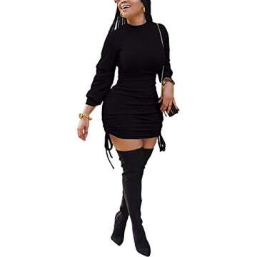 BFFBABY Women Sexy Winter Club Ruched Long Sleeve Drawstring Mini Bodycon Dress