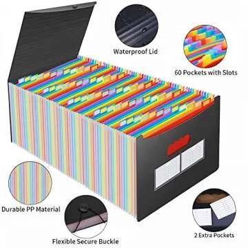 AFMAT 60 Pockets Accordion File Organizer, Large Expanding File Folder Organizer with Blank Labels, Letter/A4 Size Expandable Plastic Accordian Bill Organizer for Receipt, Tax, Legal, Paper Filing