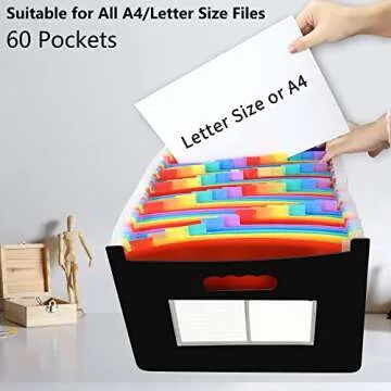 AFMAT 60 Pockets Accordion File Organizer, Large Expanding File Folder Organizer with Blank Labels, Letter/A4 Size Expandable Plastic Accordian Bill Organizer for Receipt, Tax, Legal, Paper Filing