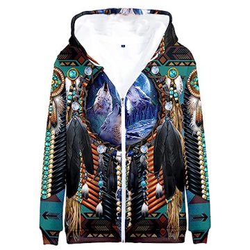SIAOMA Native Indians Hoodie Unisex 3D Print Zip Up Jacket with Wolf Feather Design