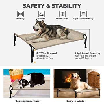 Veehoo Elevated Dog Bed, Outdoor Raised Dog Cots Bed for Medium Dogs, Cooling Camping Elevated Pet Bed with Slope Headrest for Indoor and Outdoor, Washable Breathable, Medium, Beige Coffee, CWC2204