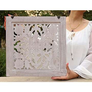 DharmaObjects Handcrafted Lotus Wood Wall Panel Decor Hanging Art 16" X 16" (White Washed)