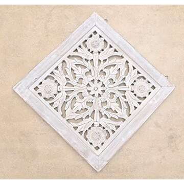 DharmaObjects Handcrafted Lotus Wood Wall Panel Decor Hanging Art 16" X 16" (White Washed)