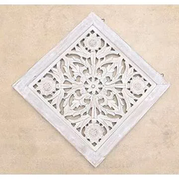 DharmaObjects Handcrafted Lotus Wood Wall Panel Decor Hanging Art 16" X 16" (White Washed)