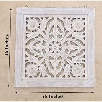 DharmaObjects Handcrafted Lotus Wood Wall Panel Decor Hanging Art 16" X 16" (White Washed)