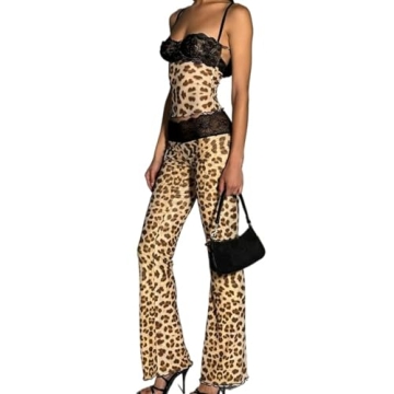 Pokn Stylish 2 Piece Outfits for Women - Sexy Mesh Cami Top Lace Patchwork Bootcut Leggings