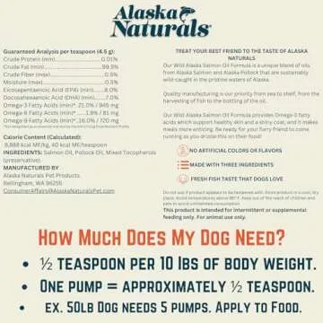 Alaska Naturals Wild Alaskan Salmon Fish Oil Supplement for Dogs Skin and Coat with EPA DHA Omega 3 Fatty Acids Liquid Food Topper 32 oz. Pump