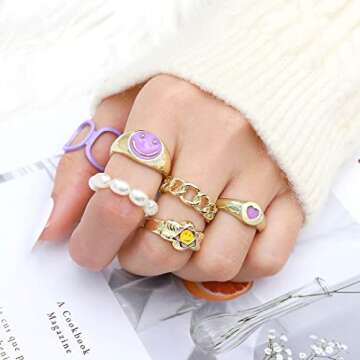 Yokawe Chunky Acrylic Plastic Rings Set Yellow Pearl Diamond Dome Trendy Ring Transparent Resin Knuc...