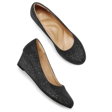 Womens Black Glitter Wedge Pumps - 2in Low Heel
