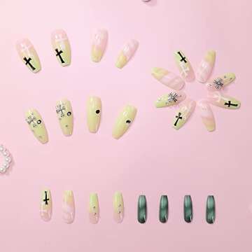 Lovful Cute Long Coffin Press on Nails, Kawaii Colorful Fake Nails with Adhesive Tabs, False Nails for Women Girls Nail Art Decoration 24 Pcs, Green