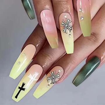 Lovful Cute Long Coffin Press on Nails, Kawaii Colorful Fake Nails with Adhesive Tabs, False Nails for Women Girls Nail Art Decoration 24 Pcs, Green