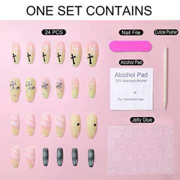 Lovful Cute Long Coffin Press on Nails, Kawaii Colorful Fake Nails with Adhesive Tabs, False Nails for Women Girls Nail Art Decoration 24 Pcs, Green