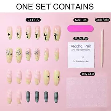 Lovful Cute Long Coffin Press on Nails, Kawaii Colorful Fake Nails with Adhesive Tabs, False Nails for Women Girls Nail Art Decoration 24 Pcs, Green