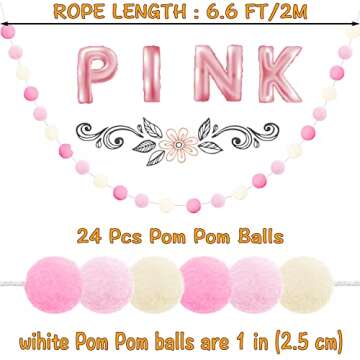 Jishi 3-Pack Pom Pom Garland Pink Felt Ball Ornament Garland Christmas Decorations, Cute Pompom Stri...
