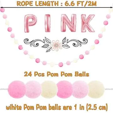 Jishi 3-Pack Pom Pom Garland Pink Felt Ball Ornament Garland Christmas Decorations, Cute Pompom Stri...