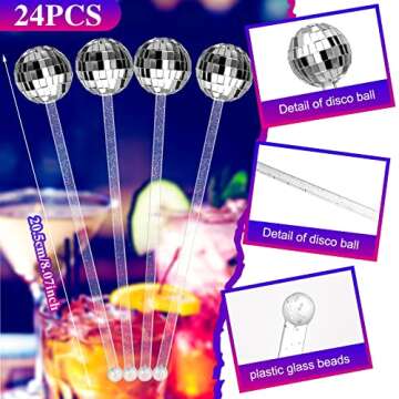 Sawysine 24 Pcs Disco Balls Cocktail Stirrers Plastic Round Top Swizzle Sticks Cake Pops Mirror Ball Coffee Beverage Stirrers for Home Bar Coffee Shop Use (Silver)