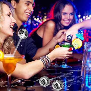 Sawysine 24 Pcs Disco Balls Cocktail Stirrers Plastic Round Top Swizzle Sticks Cake Pops Mirror Ball Coffee Beverage Stirrers for Home Bar Coffee Shop Use (Silver)