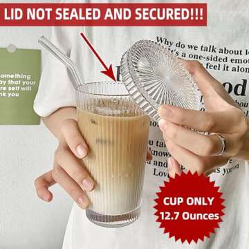 YAHUIPEIUS Glass Cup with Lids and Straws Glass Stripe Coffee Cup LID NOT SCREW AND SECURED 12.5oz Coffee Glasses Cup(C-Ruonded)