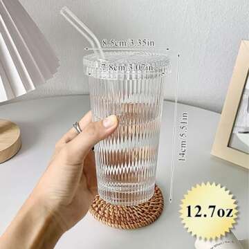 YAHUIPEIUS Glass Cup with Lids and Straws Glass Stripe Coffee Cup LID NOT SCREW AND SECURED 12.5oz Coffee Glasses Cup(C-Ruonded)