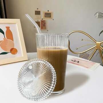 YAHUIPEIUS Glass Cup with Lids and Straws Glass Stripe Coffee Cup LID NOT SCREW AND SECURED 12.5oz Coffee Glasses Cup(C-Ruonded)