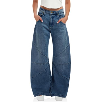 PLNOTME Womens High Waisted Barrel Jeans Casual Loose Boyfriend Wid Leg Denim Pants Blue