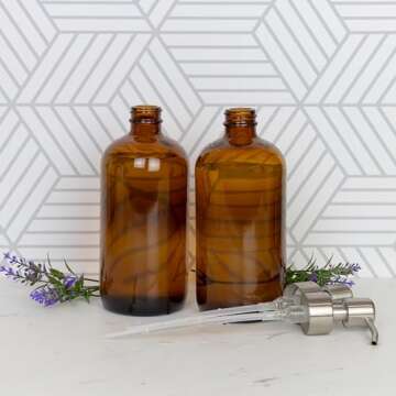 Cornucopia Brands 16-Ounce Amber Glass Bottles w/Stainless Steel Pumps (2-Pack); Lotion & Soap Dispenser Brown Boston Round Bottles for Aromatherapy, DIY