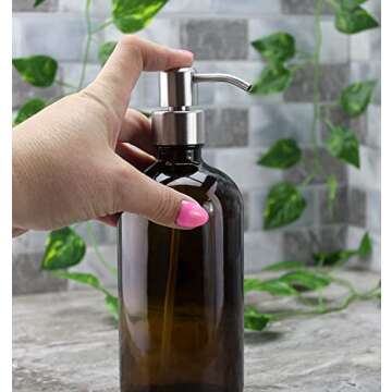 Cornucopia Brands 16-Ounce Amber Glass Bottles w/Stainless Steel Pumps (2-Pack); Lotion & Soap Dispenser Brown Boston Round Bottles for Aromatherapy, DIY