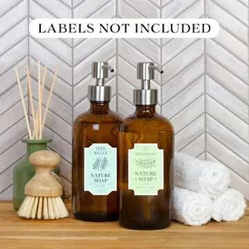 Cornucopia Brands 16-Ounce Amber Glass Bottles w/Stainless Steel Pumps (2-Pack); Lotion & Soap Dispenser Brown Boston Round Bottles for Aromatherapy, DIY