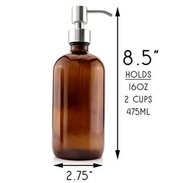 Cornucopia Brands 16-Ounce Amber Glass Bottles w/Stainless Steel Pumps (2-Pack); Lotion & Soap Dispenser Brown Boston Round Bottles for Aromatherapy, DIY