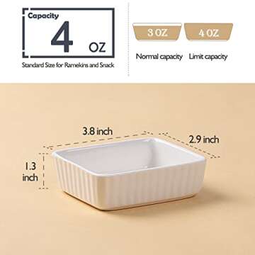 Delling Porcelain Ramekins 4 oz Oven Safe,Square Ramekin for Creme Brulee, Small Bowls for Appetizer, Dessert, Snacks, Baking, Dipping Sauce, Serving Oven for Independence Day Party Set of 6 White