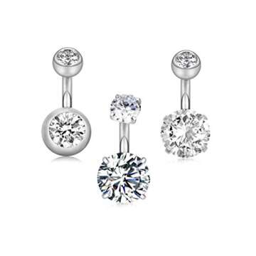 YHMM 14G 1/4"(6mm) Short Bar Surgical Steel Belly Button Rings Round Cubic Zirconia Navel Barbell St...