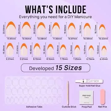 Press On Nails Almond - BTArtbox Short French Tip Press On Nails, Fake Nails with Nail Glue, Fit Perfectly & Natural Reusable Glue On Nails in 15 Sizes - 30 PCS Stick On Nails Kit, Orange French