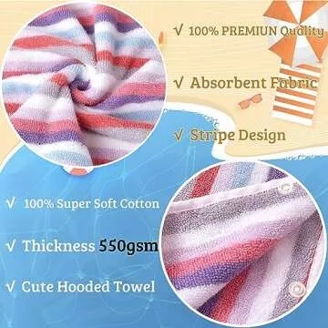 Hooded Bath Towel Poncho (4-8Years) - Soft, Absorbent Premium Turkish Cotton Thick Swim Towel Robe with Hood for Kids, Perfect for Bathroom | Pool | Swimming, Jacquard, Color Stripe with Tassels