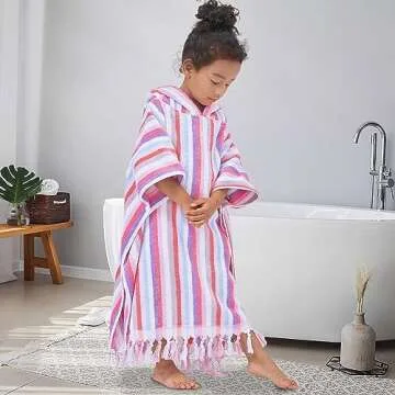 Hooded Bath Towel Poncho (4-8Years) - Soft, Absorbent Premium Turkish Cotton Thick Swim Towel Robe with Hood for Kids, Perfect for Bathroom | Pool | Swimming, Jacquard, Color Stripe with Tassels