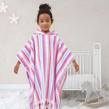 Hooded Bath Towel Poncho (4-8Years) - Soft, Absorbent Premium Turkish Cotton Thick Swim Towel Robe with Hood for Kids, Perfect for Bathroom | Pool | Swimming, Jacquard, Color Stripe with Tassels