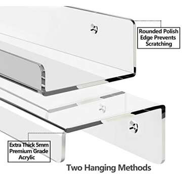 HBlife 15 Inches Invisible Wall Floating Bookshelf for Kids and Nursery, Clear Acrylic Shelves for Figures, 3 Pack (5MM Thick)