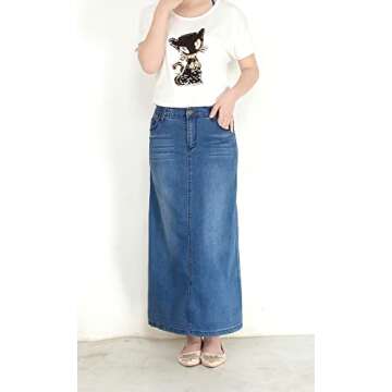 chouyatou Women's Casual Stretch Waist Washed Denim A-line Maxi Skirt (Small, Blue)