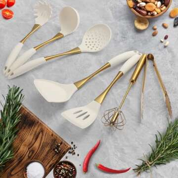 Elegant Gold Silicone Cooking Utensils Set - Non-Toxic, Dishwasher Safe Kitchen Tools with Ergonomic...