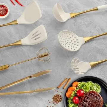 Elegant Gold Silicone Cooking Utensils Set - Non-Toxic, Dishwasher Safe Kitchen Tools with Ergonomic Comfort Handles & Chic Gold Stainless Steel Detailing for Family Cooking（White gold)