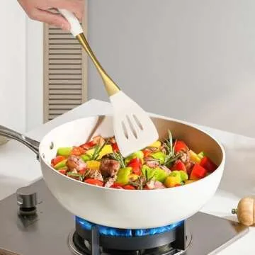 Elegant Gold Silicone Cooking Utensils Set - Non-Toxic, Dishwasher Safe Kitchen Tools with Ergonomic Comfort Handles & Chic Gold Stainless Steel Detailing for Family Cooking（White gold)