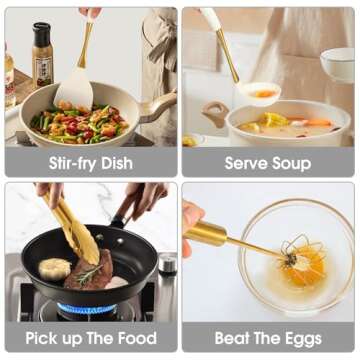 Elegant Gold Silicone Cooking Utensils Set - Non-Toxic, Dishwasher Safe Kitchen Tools with Ergonomic Comfort Handles & Chic Gold Stainless Steel Detailing for Family Cooking（White gold)