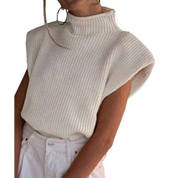 xxxiticat Women's Shoulder Pad Sweater Sleeveless Turtleneck Wide Shoulder Knitted White Sweater Ves...