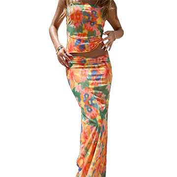 Vintage Lace Maxi Skirt Set Women 2 Piece Outfit Strapless Split Tube Top and Maxi Skirt Set Summer Going Out Streetwear (Floral-Colorful, S)