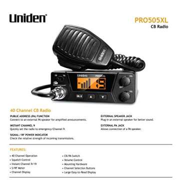 Uniden PRO505XL 40-Channel CB Radio. Pro-Series, Compact Design. Public Address (PA) Function. Insta...