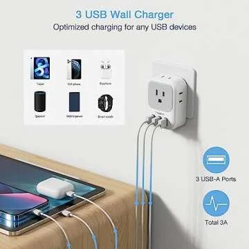 TESSAN Italy Travel Plug Adapter, US to Italian Power Adaptor with 4 Outlets and 3 USB Ports, Type L Travel Converter for USA to Chile Rome Uruguay Florence Venice Milan Santiago Libya