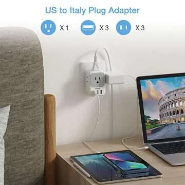 TESSAN Italy Travel Plug Adapter, US to Italian Power Adaptor with 4 Outlets and 3 USB Ports, Type L Travel Converter for USA to Chile Rome Uruguay Florence Venice Milan Santiago Libya